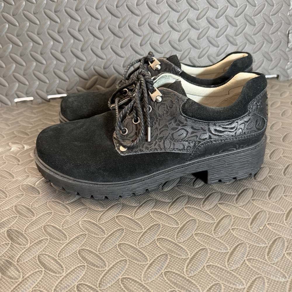 Alegria Cheryl Chunky Shoes Clogs Heels Size 39 Lace Up Suede / Leather Black